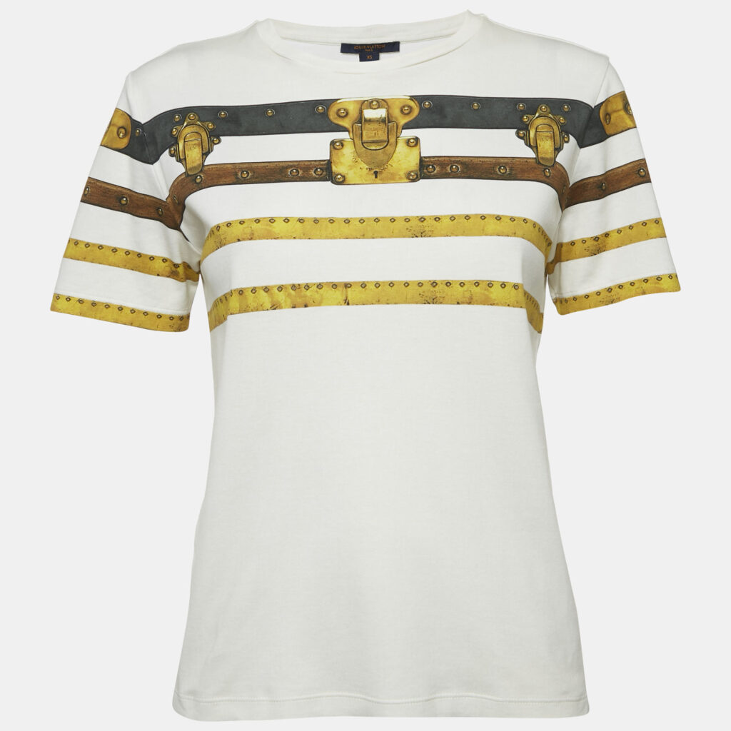 luxury-women-louis-vuitton-used-clothes-p1160055-007 Louis Vuitton Cream Printed Cotton Crew Neck T-Shirt XS