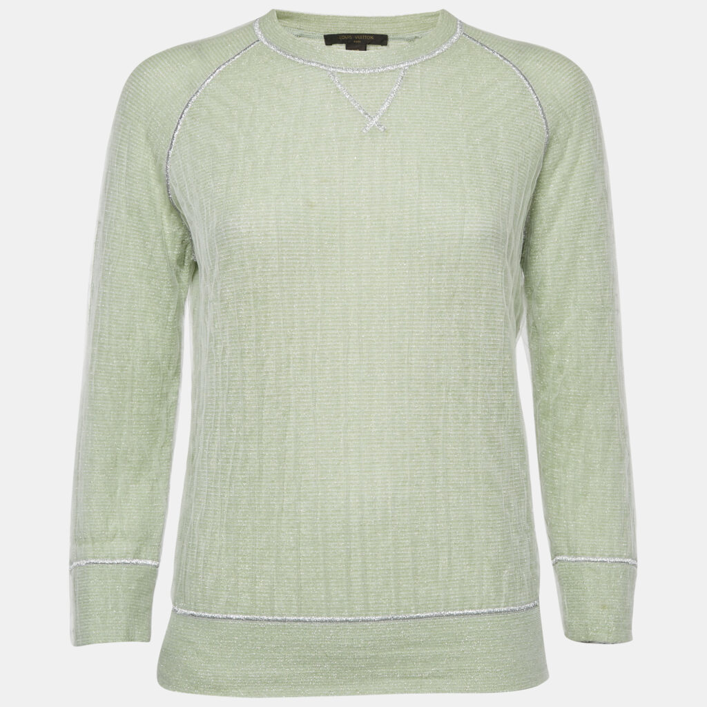 luxury-women-louis-vuitton-used-clothes-p1160075-006 Louis Vuitton Green Lurex Knit Long Sleeve Pullover XS
