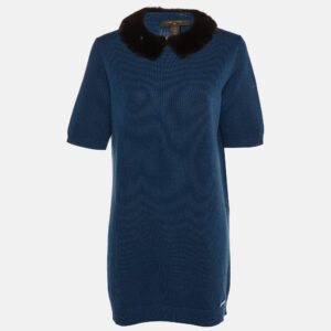 Louis Vuitton Blue Cashmere Knit Mink Collared Mini Dress L
