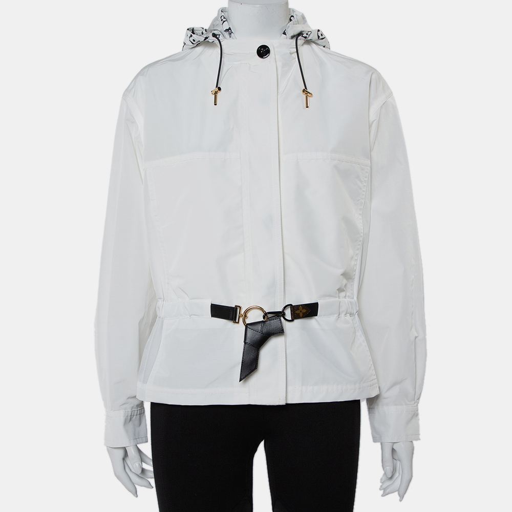 luxury-women-louis-vuitton-used-clothes-p437456-009 Louis Vuitton White Synthetic Logo Printed Hood Detail Belted Parka Jacket M