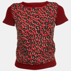 Louis Vuitton Red Leopard print Silk & Wool Short Sleeve Top M