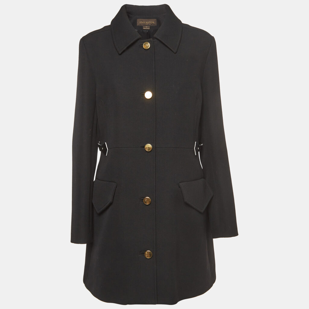 luxury-women-louis-vuitton-used-clothes-p917986-002 Louis Vuitton Black Wool Leather Tab Waist Single Breasted Coat XL