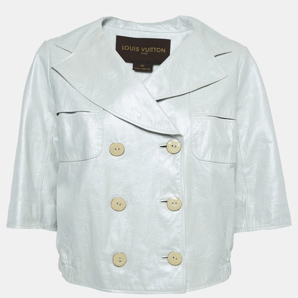 luxury-women-louis-vuitton-used-clothes-p918898-001 Louis Vuitton Silver Crinkled Leather Biker Jacket L