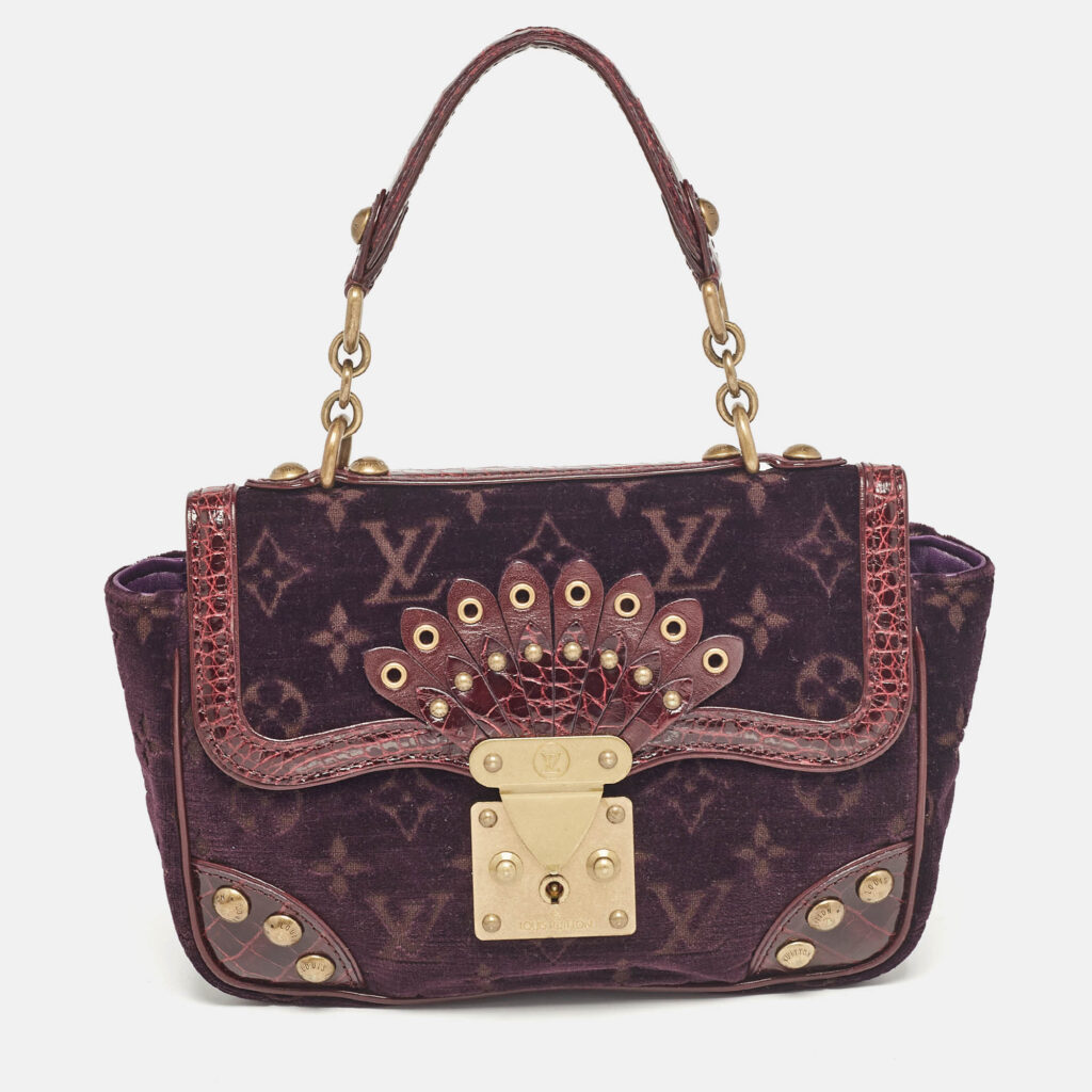 luxury-women-louis-vuitton-used-handbags-p1025051-006 Louis Vuitton Purple Monogram Velours and Alligator Irvine Bag