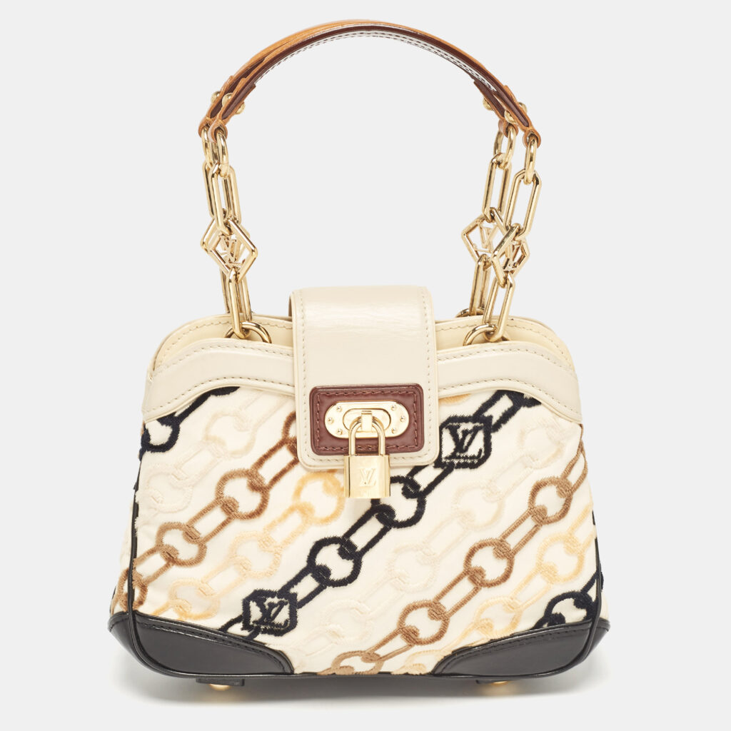 luxury-women-louis-vuitton-used-handbags-p1025459-002 Louis Vuitton Black/Beige Velvet Chains Dolly Bag