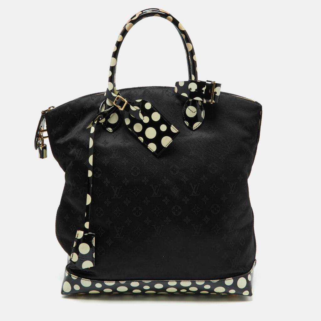 luxury-women-louis-vuitton-used-handbags-p1080565-004 Louis Vuitton Black Monogram Satin Yayoi Kusama Dots Infinity Lockit Vertical MM Bag