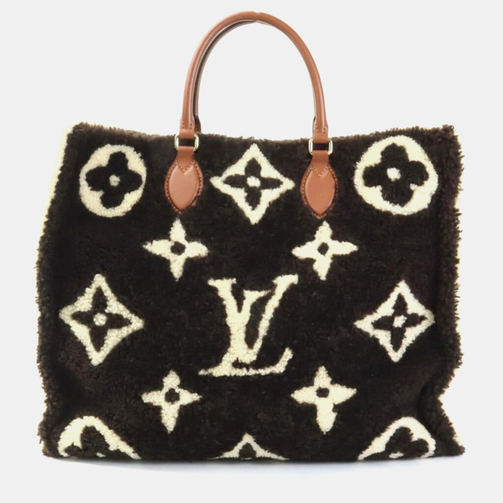 luxury-women-louis-vuitton-used-handbags-p1082496-006 Louis Vuitton Brown X Beige Monogram Teddy OnTheGo GM Shearling Handbag