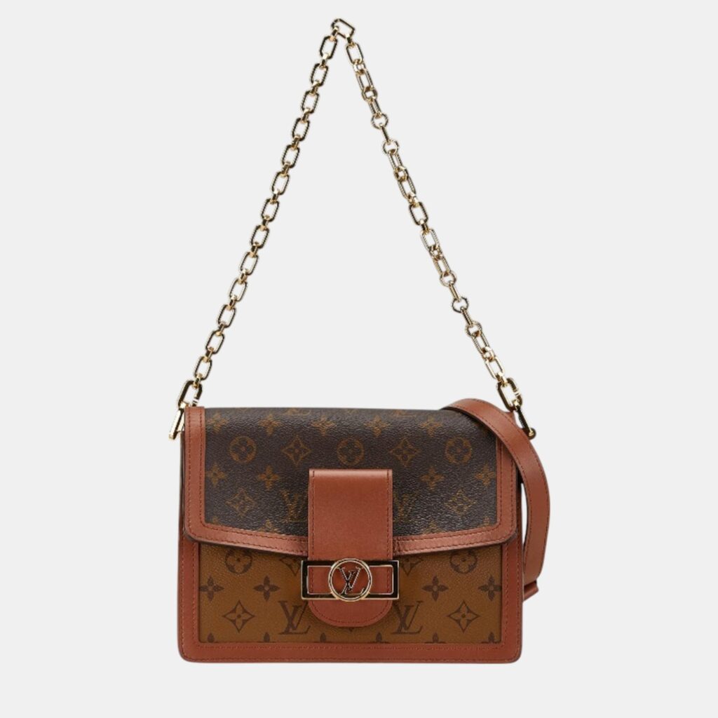 luxury-women-louis-vuitton-used-handbags-p1087375-001 Louis Vuitton Brown Coated Canvas Leather Monogram Reverse Dauphine Mm Chain Shoulder Bag