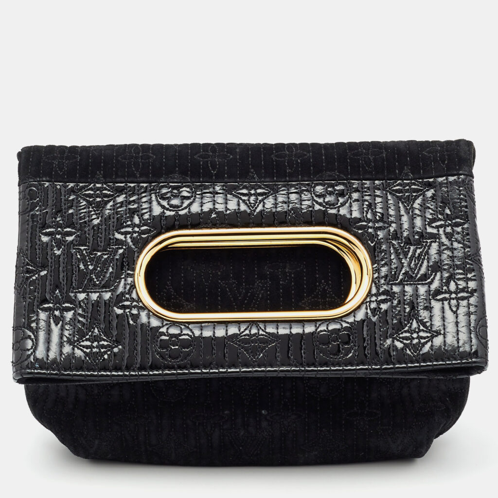 luxury-women-louis-vuitton-used-handbags-p1101238-006 Louis Vuitton Black Monogram Suede Limited Edition Motard Afterdark Clutch