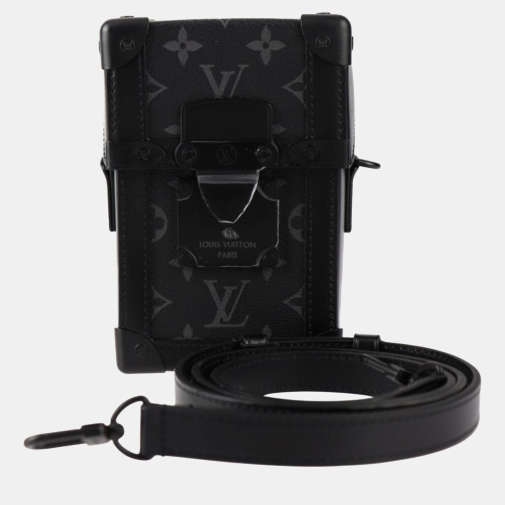 luxury-women-louis-vuitton-used-handbags-p1114628-001 Louis Vuitton Black Monogram Eclipse Leather Vertical Trunk Wearable Wallet Shoulder Bag