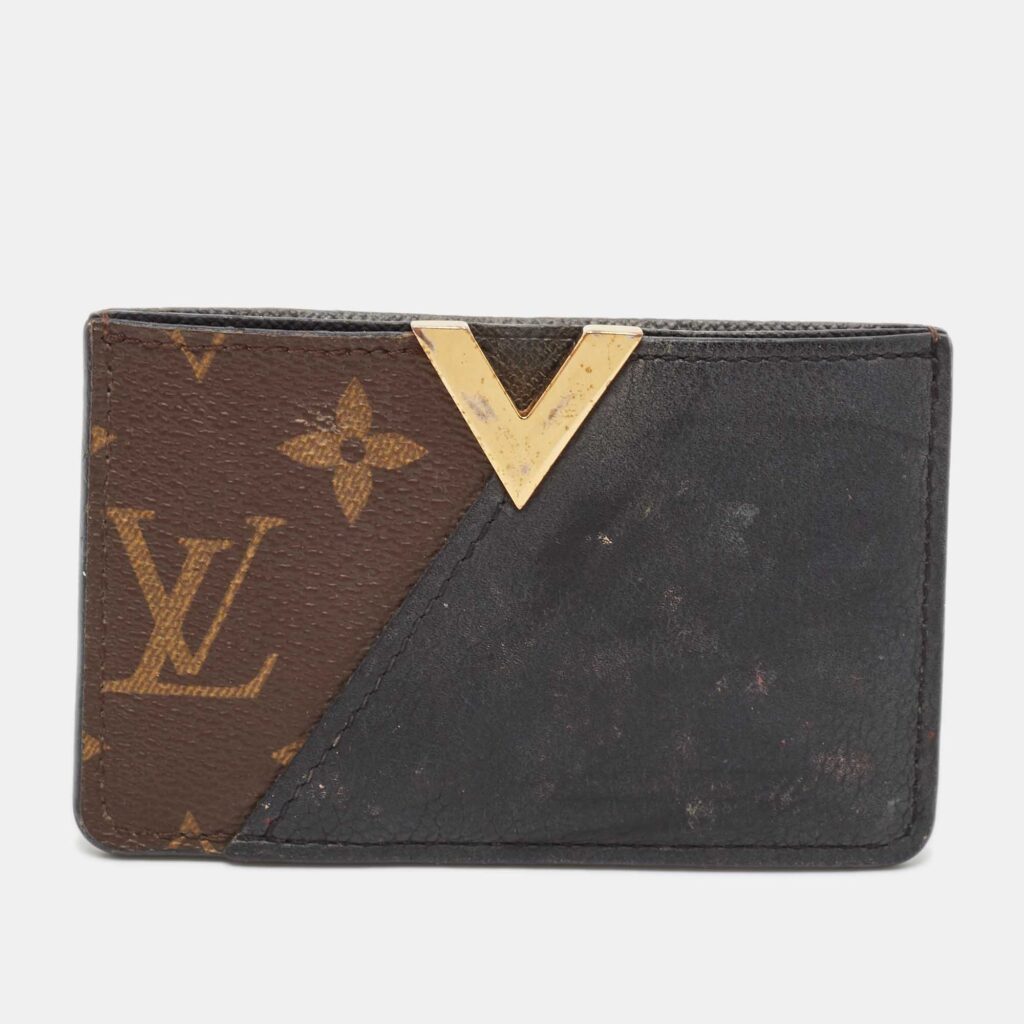 luxury-women-louis-vuitton-used-handbags-p1118165-006 Louis Vuitton Black Leather and Monogram Canvas Kimono Card Holder
