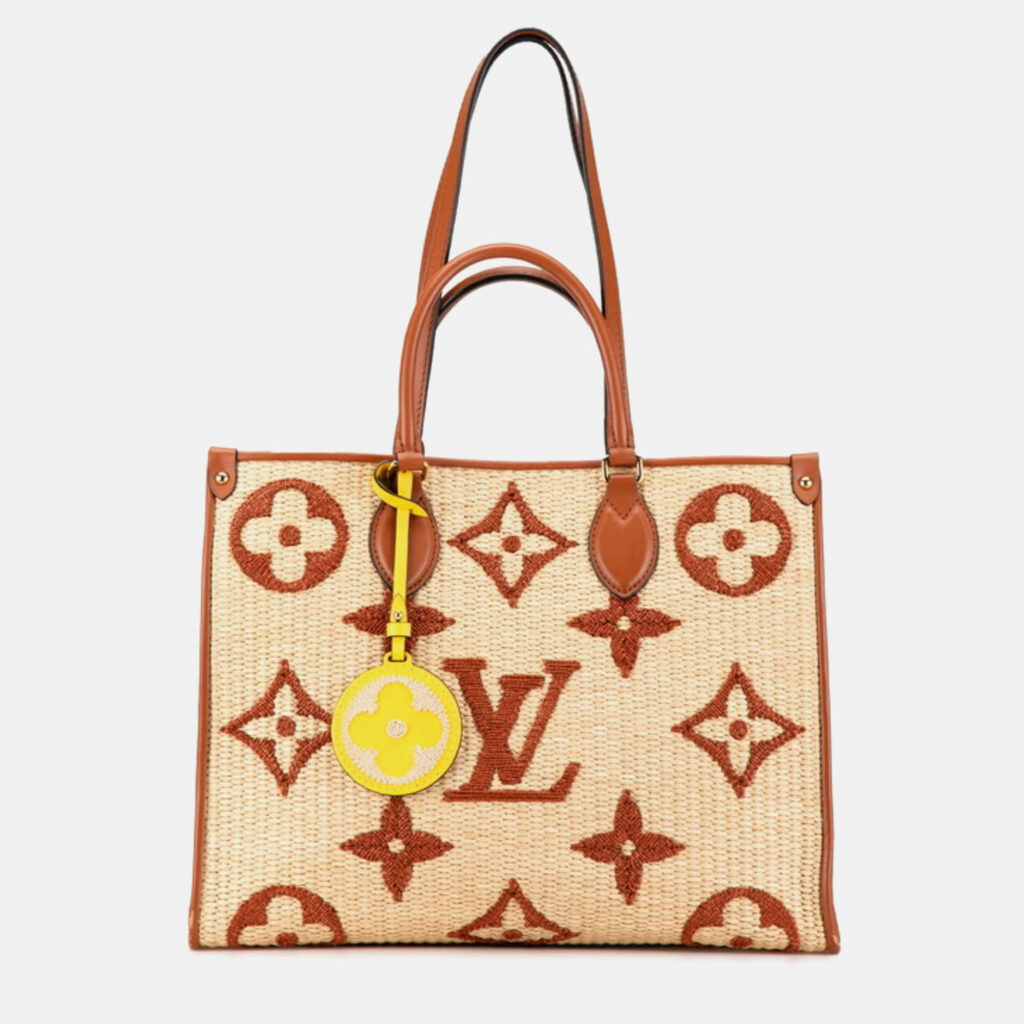 luxury-women-louis-vuitton-used-handbags-p1124534-005 Louis Vuitton Brown/Beige Raffia Calfskin Monogram Giant Onthego GM Tote Bag