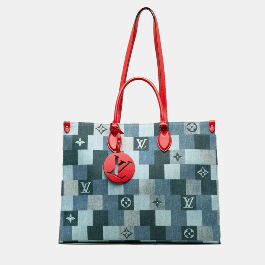 luxury-women-louis-vuitton-used-handbags-p1141146-018 Louis Vuitton Blue Red Leather Monogram Denim OnTheGo GM Tote Bag