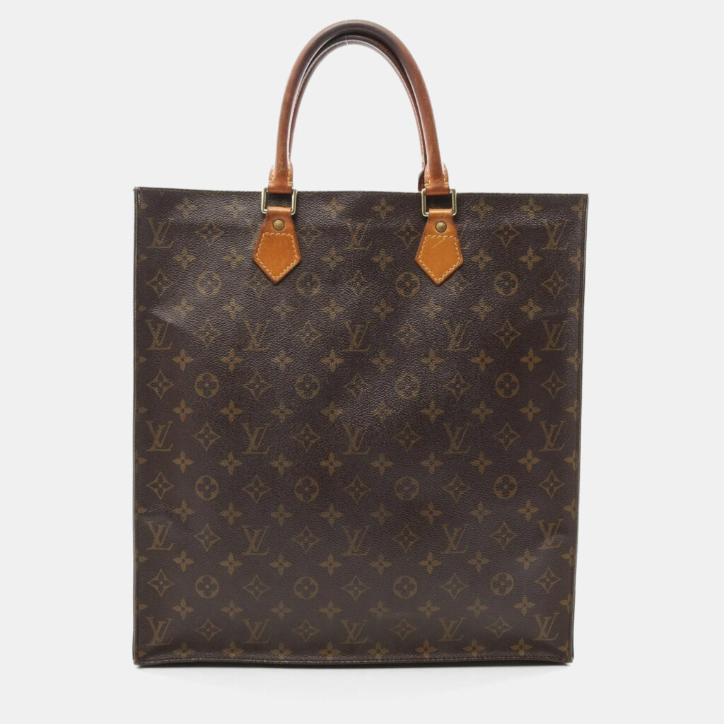 Louis Vuitton Sac Plat Hand Tote Bag Monogram Canvas Leather Brown