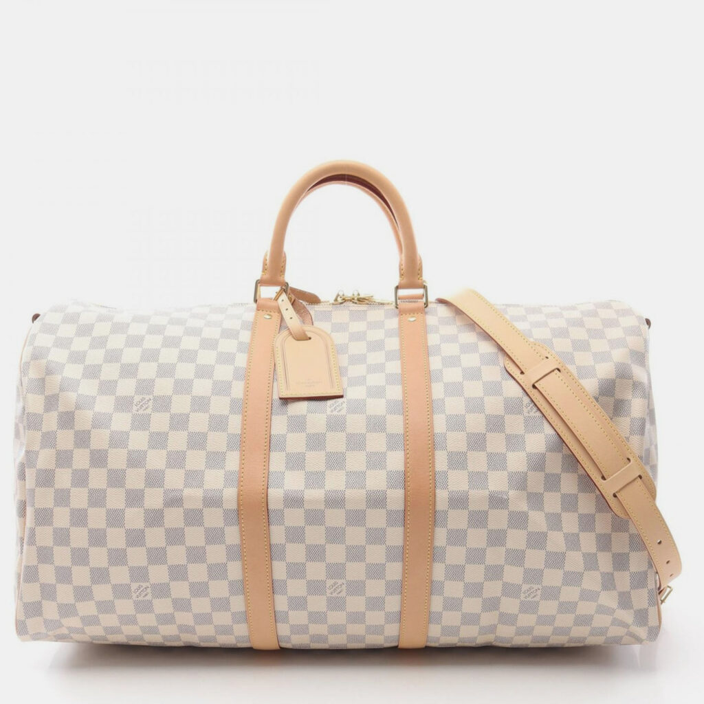 luxury-women-louis-vuitton-used-handbags-p1157016-005 Louis Vuitton White Damier Azur Canvas Keepall Bandouliere 55 Shoulder Bag