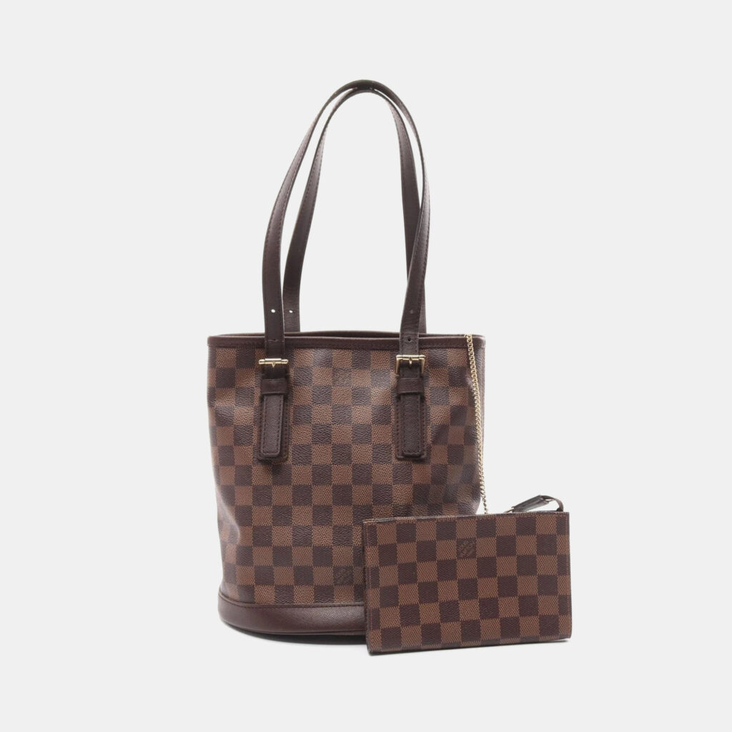 luxury-women-louis-vuitton-used-handbags-p1157214-010 Louis Vuitton Brown Damier Ebene Canvas Marais Bucket Tote Bag