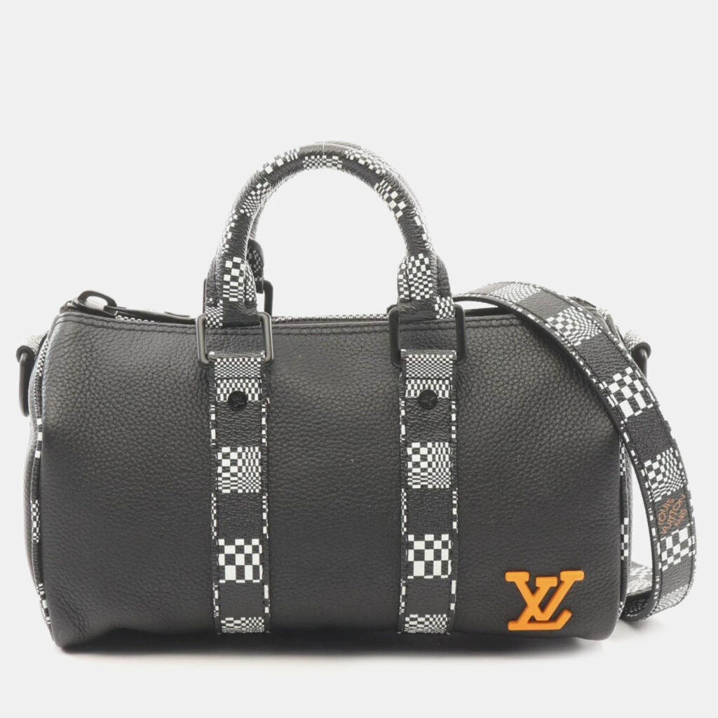 luxury-women-louis-vuitton-used-handbags-p1157435-001 Louis Vuitton Black Leather with Limited Edition Distorted Damier XS Keepall Bandouliere Bag