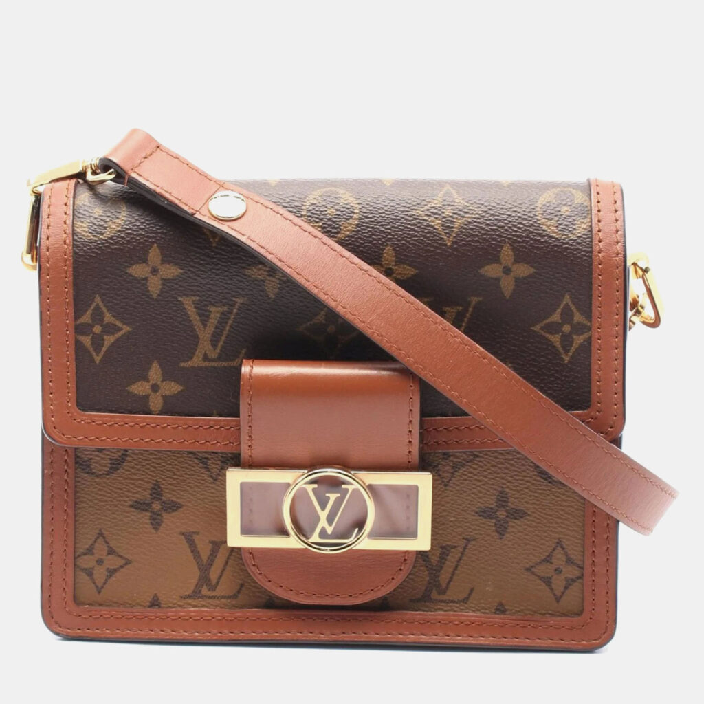 luxury-women-louis-vuitton-used-handbags-p1157464-006 Louis Vuitton Brown Coated Canvas Leather Dauphine Mini Monogram Reverse Shoulder Bag