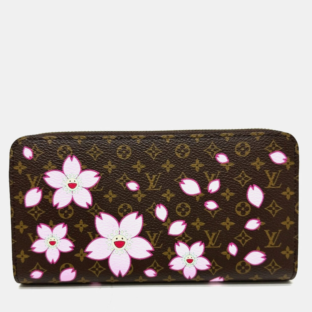 luxury-women-louis-vuitton-used-handbags-p1158927-009 Louis Vuitton Brown Monogram Canvas Takashi Murakami Cherry Blossom Long Zippy Wallet