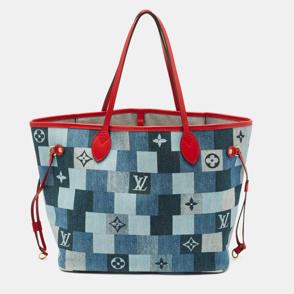luxury-women-louis-vuitton-used-handbags-p1166791-014 Louis Vuitton Blue/Red Denim Patchwork Neverfull MM Bag