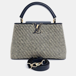 Louis Vuitton Beige Black Leather and Raffia Capucine MM bag