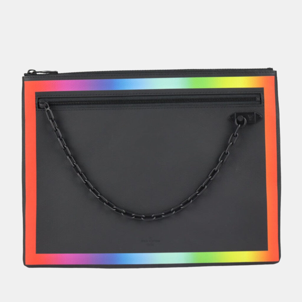 luxury-women-louis-vuitton-used-handbags-p841043-002 Louis Vuitton Black Leather Taiga A4 Rainbow Pochette Clutch Bag