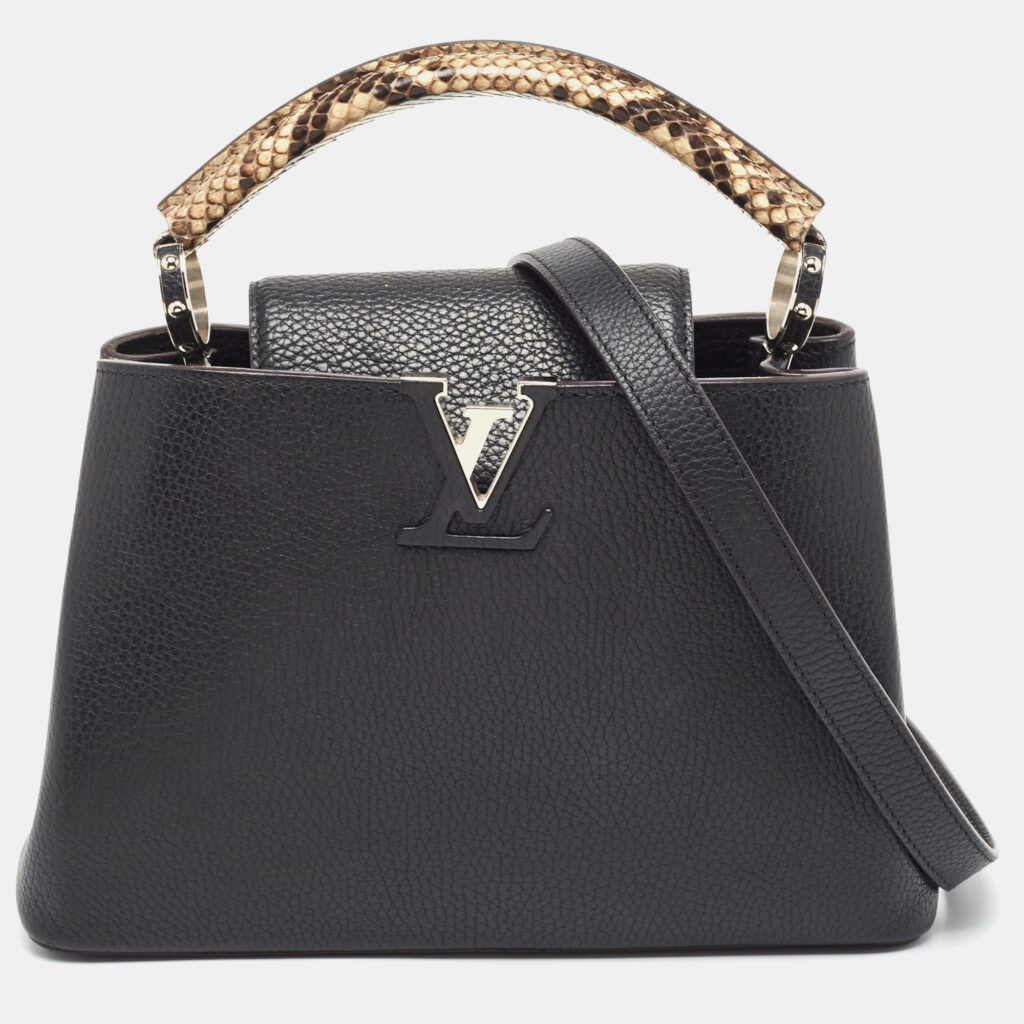 luxury-women-louis-vuitton-used-handbags-p924995-001 Louis Vuitton Black/Beige Taurillon Leather and Python Capucines BB Bag