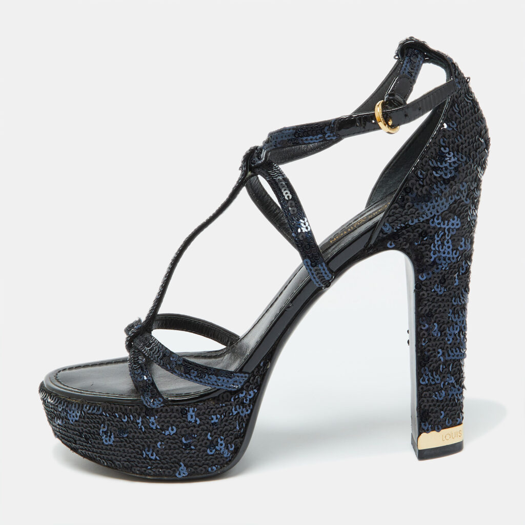 luxury-women-louis-vuitton-used-shoes-p1029448-001 Louis Vuitton Black/Blue Sequins Platform Ankle Strap Sandals Size 36.5
