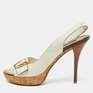 Louis Vuitton White Leather Buckle Cork Platform Slingback Sandals Size 40
