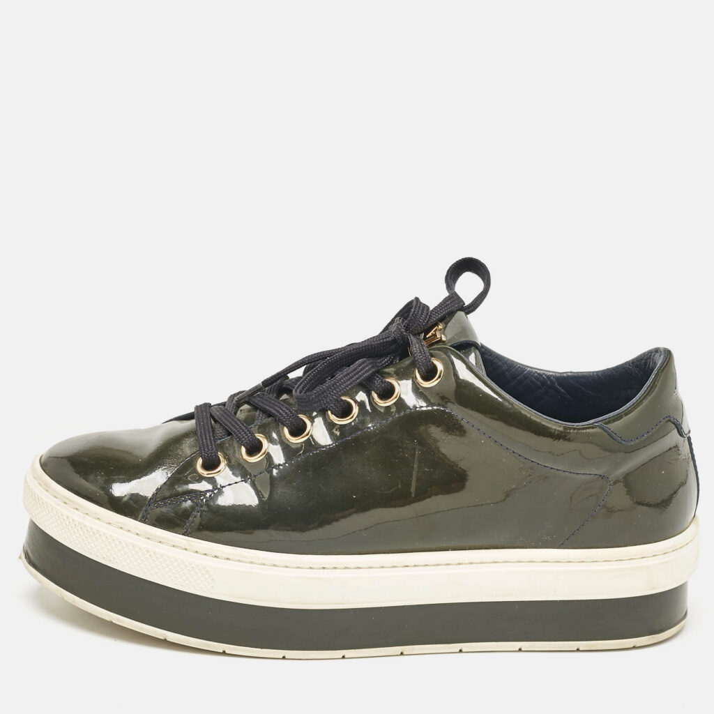 Louis Vuitton Dark Green Patent Leather Lace Up Sneakers Size 37.5