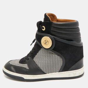Louis Vuitton Black Leather and Fabric Postmark Wedge Sneakers Size 37.5