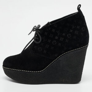 Louis Vuitton Black Monogram Suede Wedge Ankle Boots Size 36