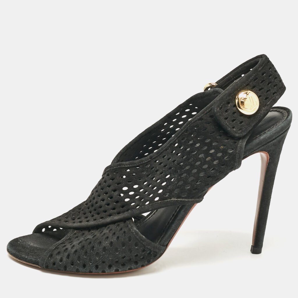 luxury-women-louis-vuitton-used-shoes-p1100478-009 Louis Vuitton Black Suede Open Toe Slingback Sandals Size 41