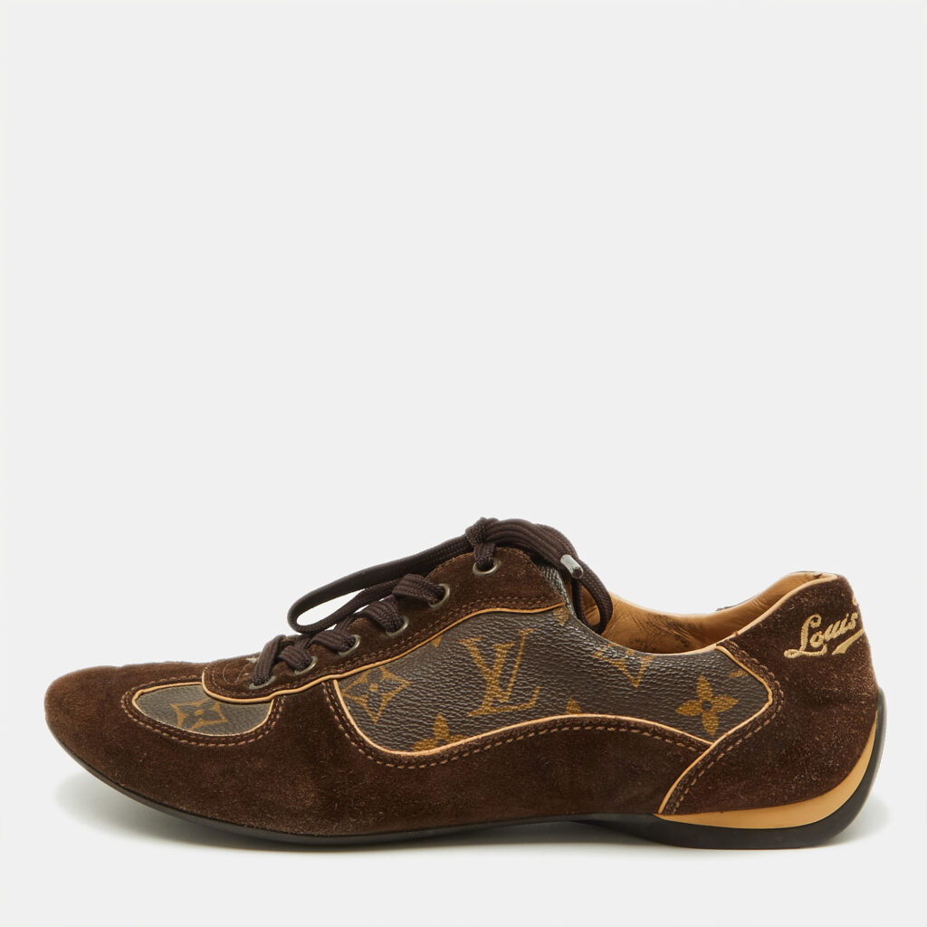 luxury-women-louis-vuitton-used-shoes-p1105273-001 Louis Vuitton Brown Suede and Monogram Canvas Energie Sneakers Size 37.5