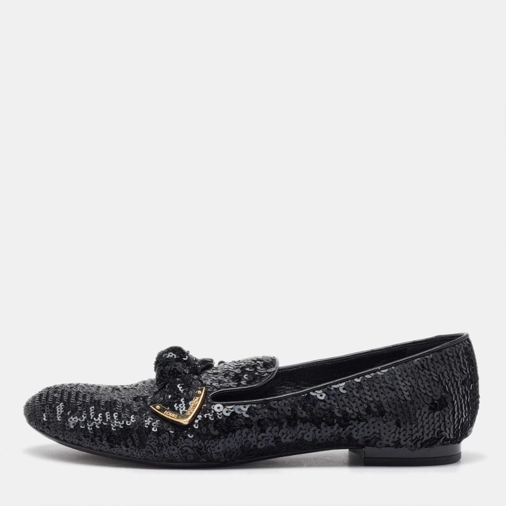 Louis Vuitton Black Sequins Amulet Bow Detail Smoking Slippers Size 37.5