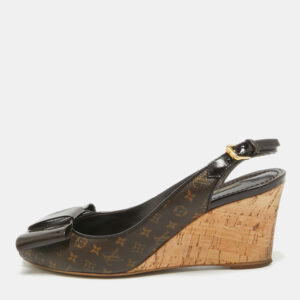 Louis Vuitton Brown Monogram Canvas and Patent Bow Rivoli Slingback Wedge Sandals Size 36.5