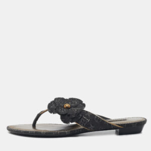 Louis Vuitton Black Denim Trim Monogram Thong Sandals Size 37