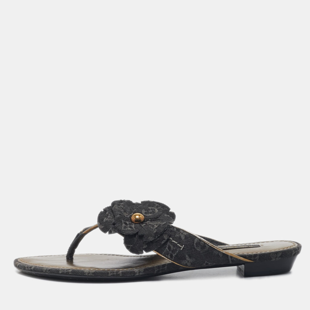 Louis Vuitton Black Denim Trim Monogram Thong Sandals Size 37