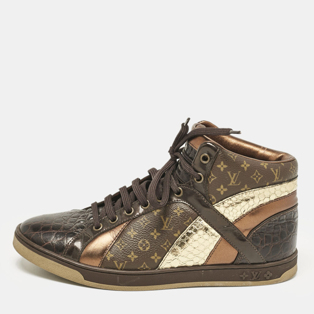 Louis Vuitton Brown Monogram Canvas and Crocodile Punchy High Top Sneakers Size 36.5