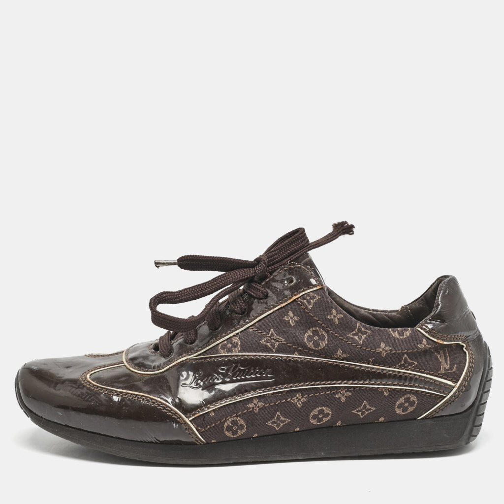luxury-women-louis-vuitton-used-shoes-p1128359-005 Louis Vuitton Brown Monogram Canvas and Patent Globe Trotter Sneakers Size 38.5
