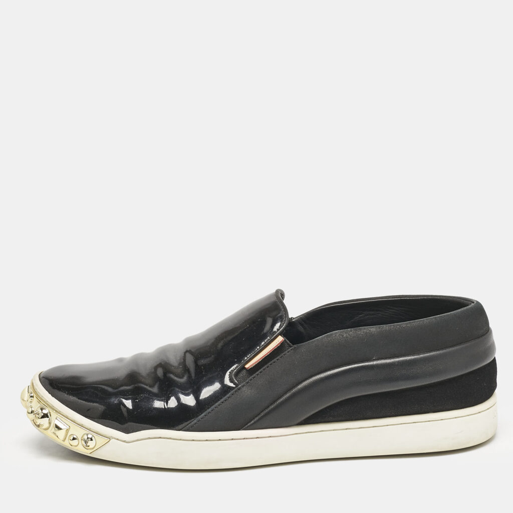 luxury-women-louis-vuitton-used-shoes-p1141091-003 Louis Vuitton Black Patent and Leather Studded Tempo Slip On Sneakers Size 38