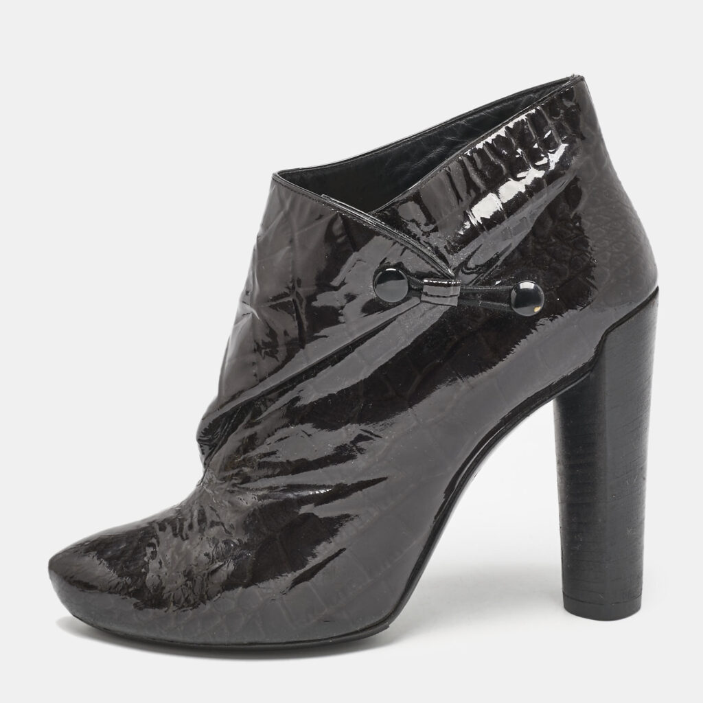 Louis Vuitton Black Croc Embossed Patent Leather Cornelia Booties Size 38.5