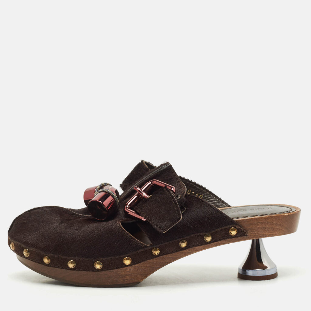 Louis Vuitton Brown Calf Hair Buckle Clogs Size 38