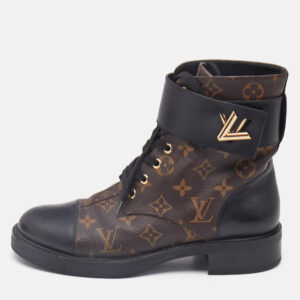 louis vuitton brown/black monogram canvas and leather wonderland flat ranger boots size 40