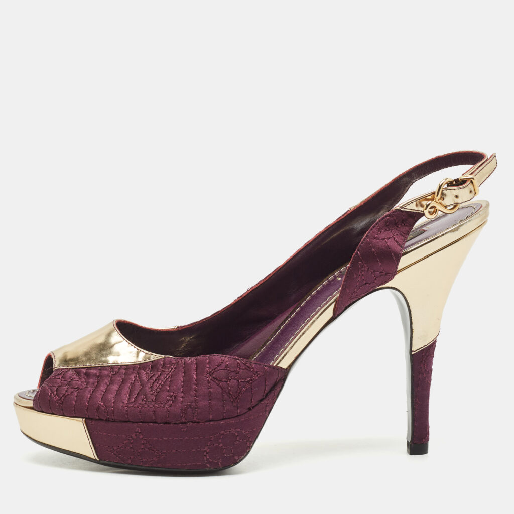 luxury-women-louis-vuitton-used-shoes-p1144156-001 Louis Vuitton Purple/Gold Fabric and Leather Peep Toe Slingback Pumps Size 38.5