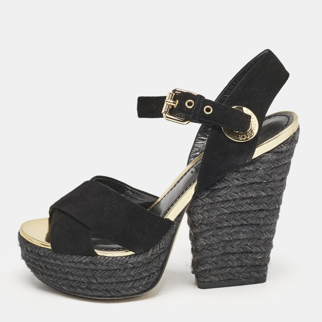 Louis Vuitton Black Suede Espadrille Platform Sandals Size 35