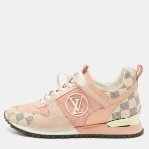 louis vuitton pink suede, mesh and damier azur canvas run away sneakers size 37.5