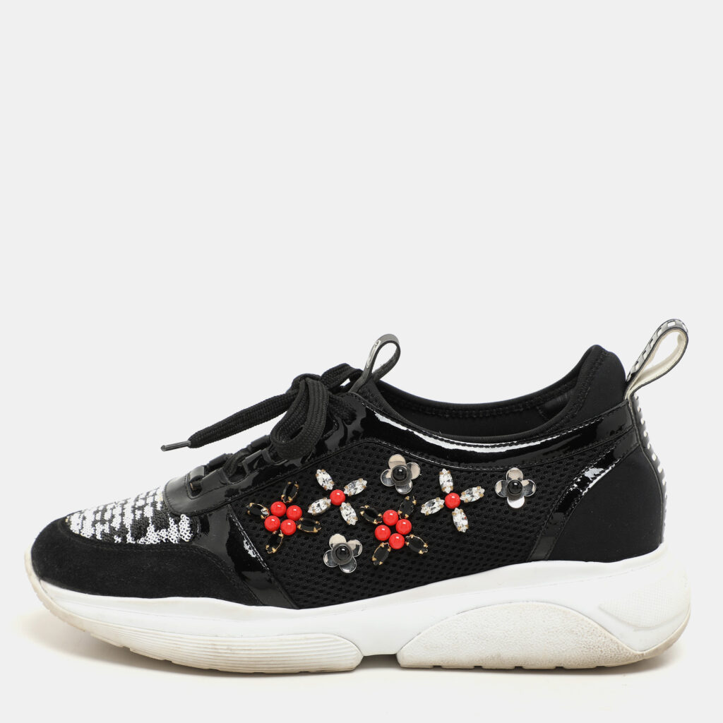 luxury-women-louis-vuitton-used-shoes-p1145921-007 Louis Vuitton Black Patent Leather And Mesh Crystal Embellished Low Top Sneakers Size 36.5