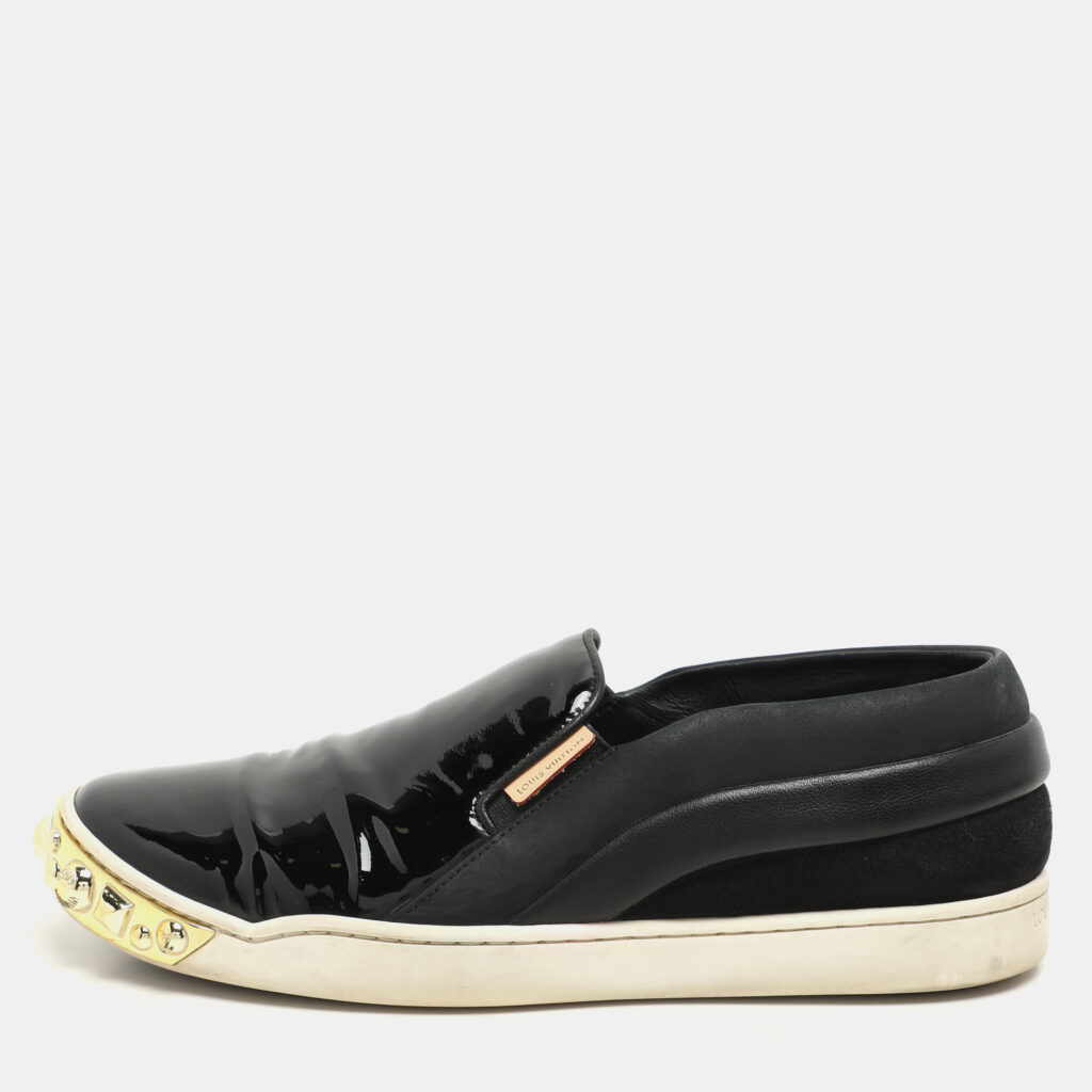 luxury-women-louis-vuitton-used-shoes-p1146151-008 Louis Vuitton Black Suede, Patent and Leather Studded Tempo Slip-On Sneakers Size 36.5