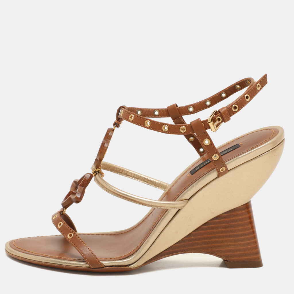 luxury-women-louis-vuitton-used-shoes-p1147471-006.jpg Louis Vuitton Brown Leather Eyelet T-Strap Wedge Sandals Size 38.5